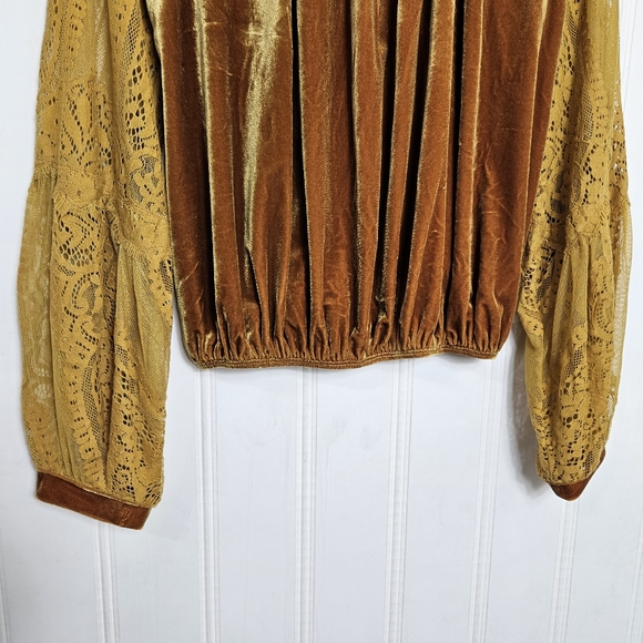 Free People Dream Team Gold Velvet Lace Top Mock Neck Balloon Sleeve S Boho - Picture 11 of 15